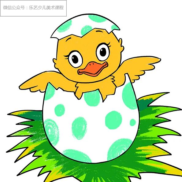步骤3：接着我们用油画棒或马克笔对小鸭和蛋壳进行涂色。