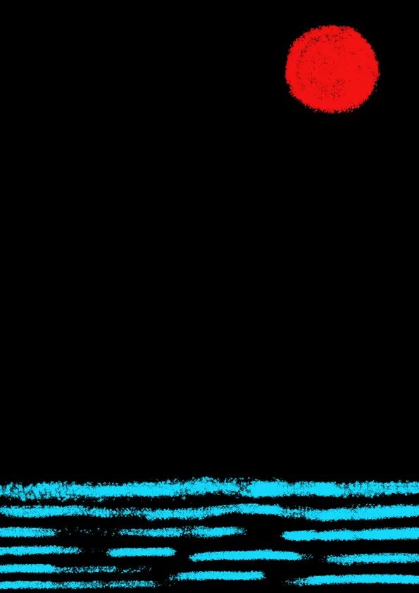 步骤3：在黑色卡纸上用重彩油画棒画出水波和红色的太阳。