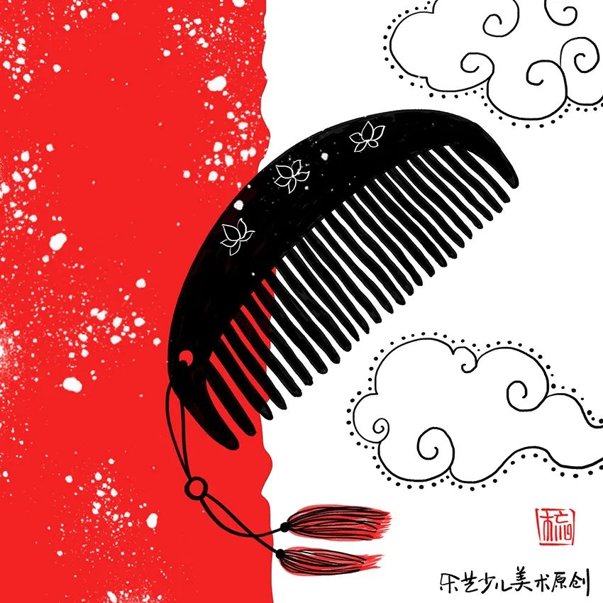 步骤4：最后我们在画面空白处画出云朵，并画出梳子上的装饰图案，同时用白色斑点装饰画面氛围，从而完成作品。