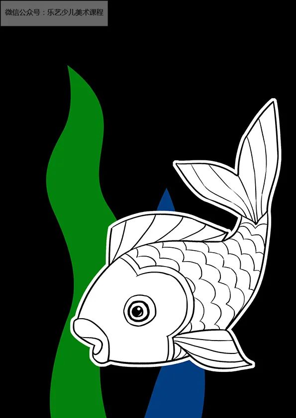 步骤3：我们对鱼的草图进行勾线，然后我们把鱼剪下，摆放到黑色卡纸上，寻找合适的构图。