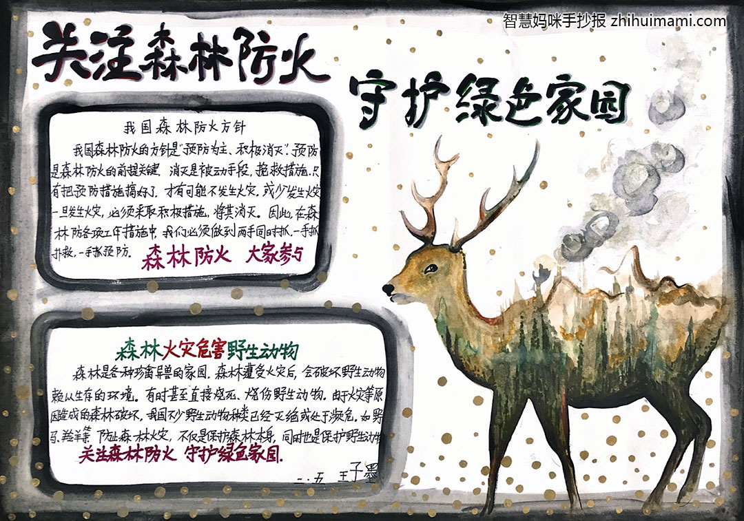 步骤2：作品简介:由于火灾等原因造成的森林破坏，我国不少野生动物种类已经灭绝或处于濒危，防止森林火灾不仅是保护森林本身，同时也是保护野生动物，更是保护我们共同的家园。
