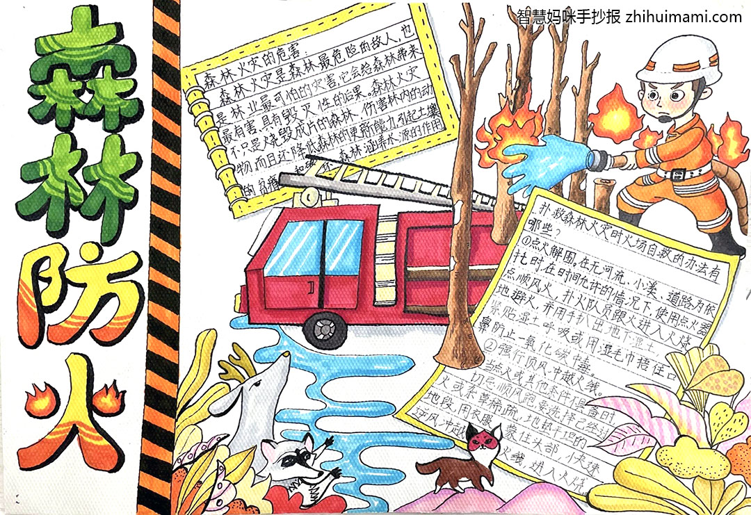 步骤7：作品简介:小报设计主要是为了宣传森林防火，小报的文字部分我们主要讲解的是森林火灾的危害和扑救森林火灾时火场自救方法，希望看到我们小报的人能够了解这些，遇到火灾时避免受到二次伤害。