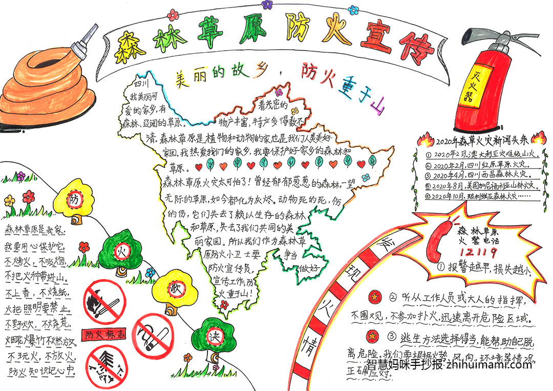 步骤8：作品简介:我爱美丽可爱的家乡四川，它物产丰富、风景宜人，还有广阔的森林和草原。通过了解森草火灾新闻，明白森草防火你我有责，防火重于山的意义。我要和小伙伴们一起学习标识，掌握防火知识，认清火险形式，远离火情现场，争当家乡森林草原防火宣传员与小卫士！