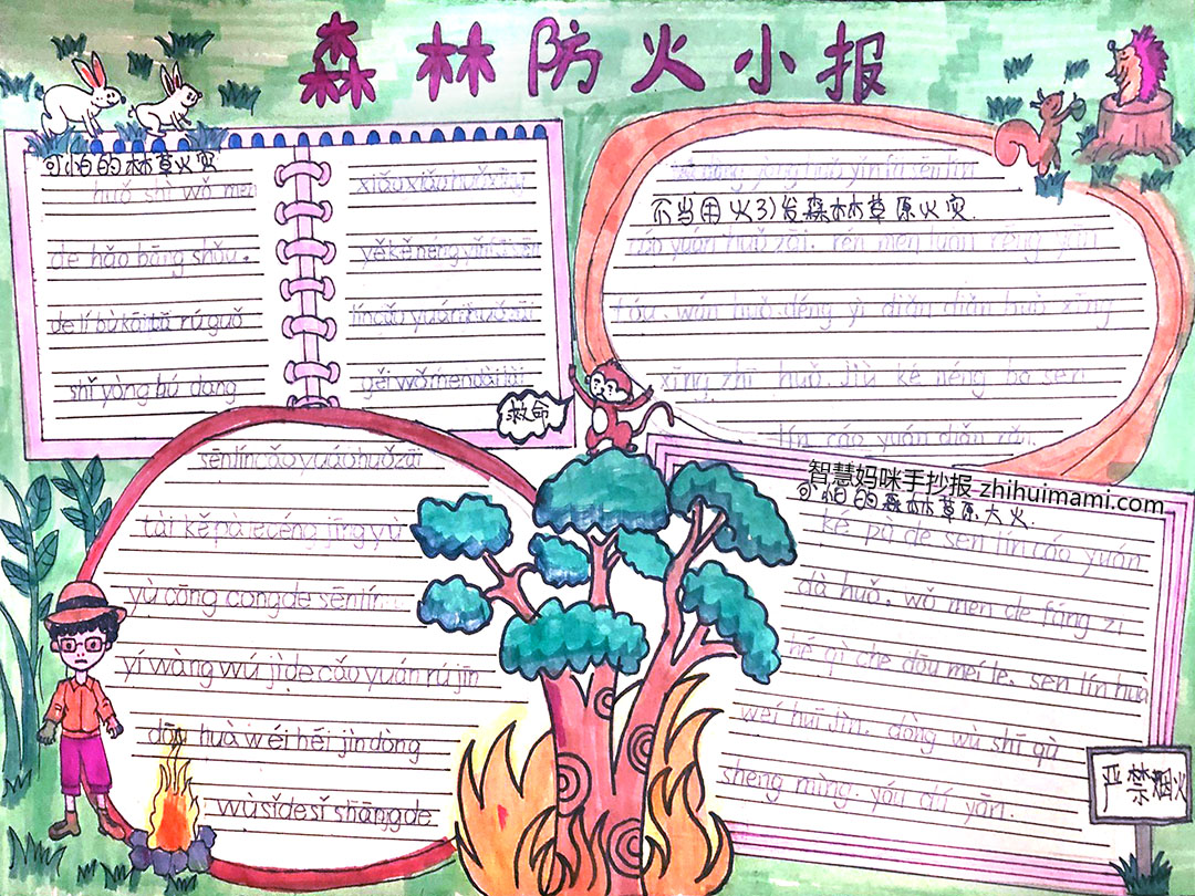 步骤4：《 森林防火小报》作品简介:不当用火引发森林草原火灾；防火歌诀