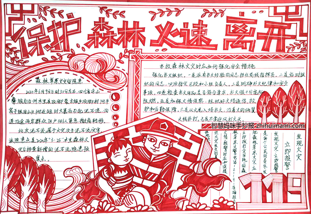 步骤9：《 保护森林，火速离开》作品简介:森林里有丰富的树木资源，森林能制造氧气、保持水土、调节气候、净化空气，是地球的忠实保护者。但是一旦发生火灾，这些美好的景物就会化为灰烬，所以保护森林，“火速”离开，绝不能让“火”破坏我们的家园！