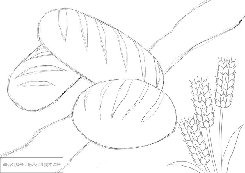 步骤1：首先我们用铅笔勾勒出面包的形状以及右侧麦穗的草图。