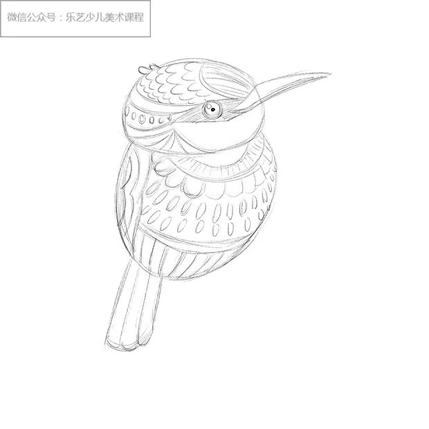 步骤2：然后，我们继续用铅笔丰富小鸟身上的图案。