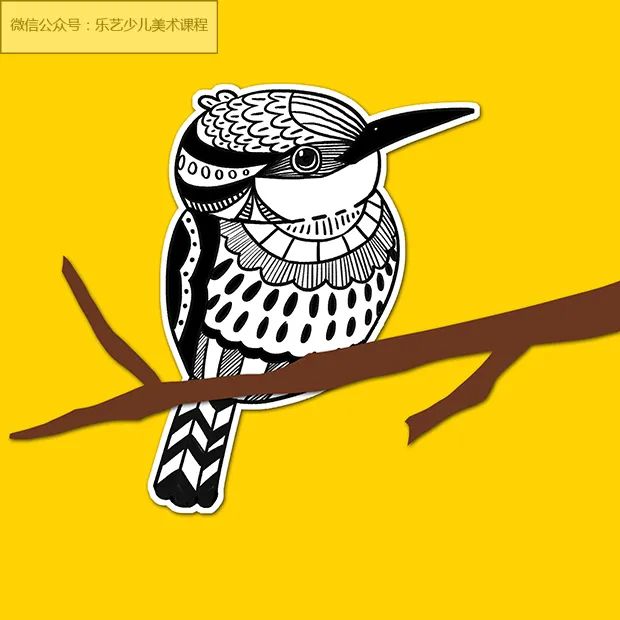 步骤4：这个步骤，我们将画好的小鸟剪下并粘贴到正方形的黄色卡纸上。然后把用褐色卡纸剪成的树枝粘贴到小鸟上，注意树枝和小鸟的位置要匹配。看上去小鸟要落在树枝上。