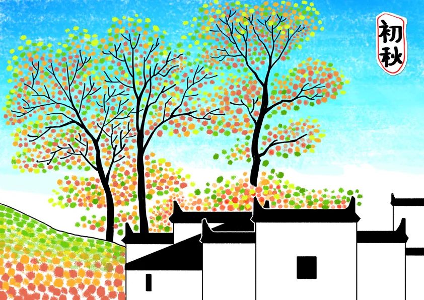 步骤4：最后我们采用点绘的技法，画出背景中的树干和枝叶，以及山坡的色彩，增强画面装饰感。