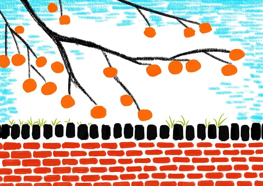 墙头柿子树的儿童画