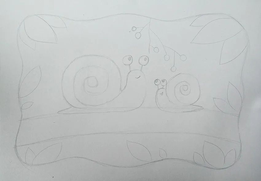 步骤1：首先我们用铅笔勾勒画面构图，完成蜗牛以及画面的边框。