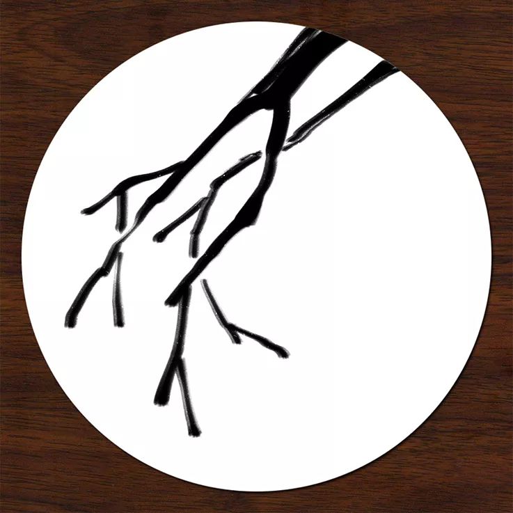步骤1：首先我们准备一张圆形的素描纸，并在上面画出黑色的树枝。