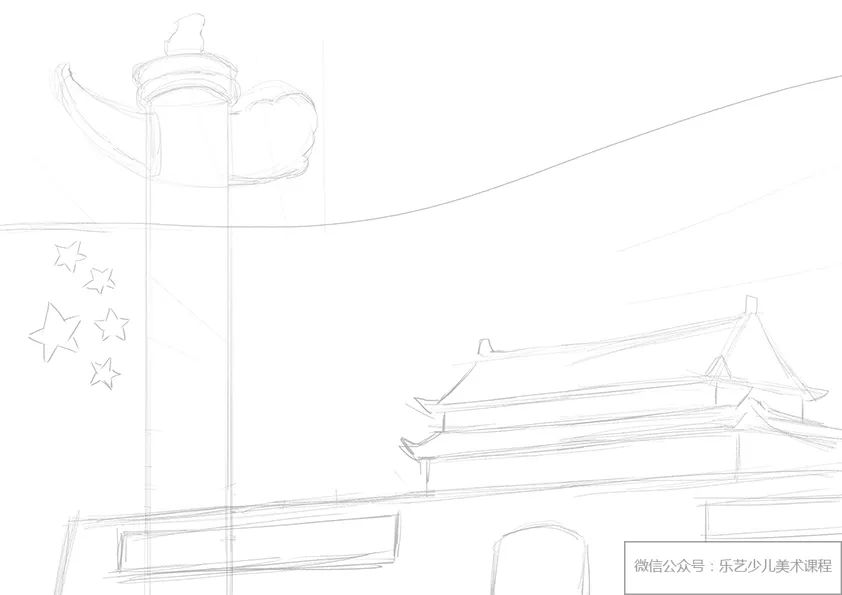 步骤1：首先我们用铅笔勾勒画面构图，安排华表、天安门等元素的位置。