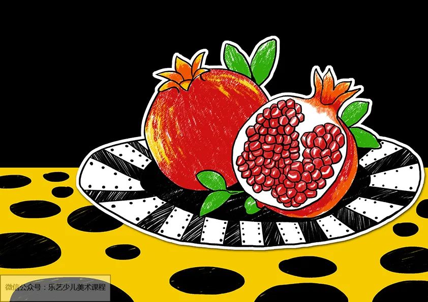 步骤4：然后，我们用油画棒绘制石榴的表皮颜色，用马克笔绘制石榴籽。绘制石榴籽的时候注意留出高光，或者可以后期用高光笔画出高光。