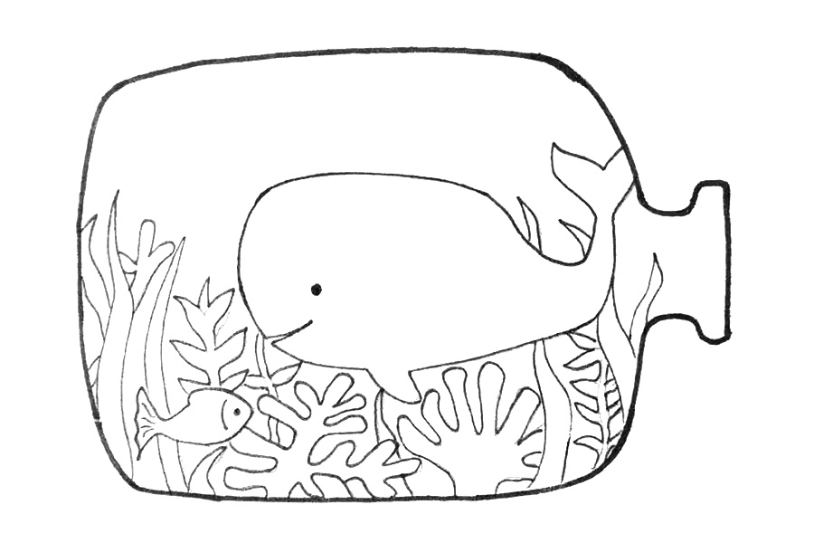 步骤5：在水草周围画出不同形状的珊瑚和海草。