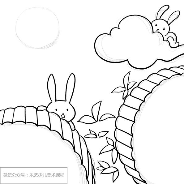 步骤2：在草图基础上用勾线笔对画面进行勾线，月亮的位置空出来，不勾线。