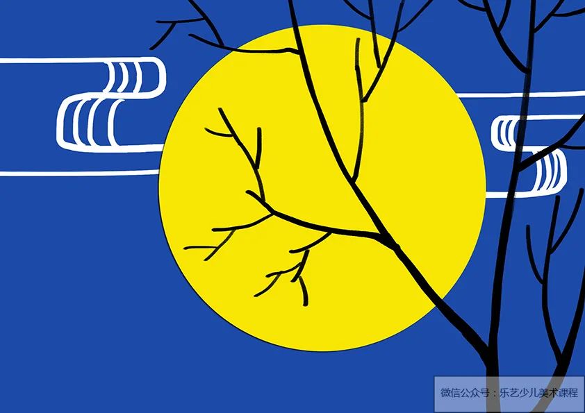 步骤2：在画面右侧画出黑色的树枝，构图上使树枝和月亮有重叠。