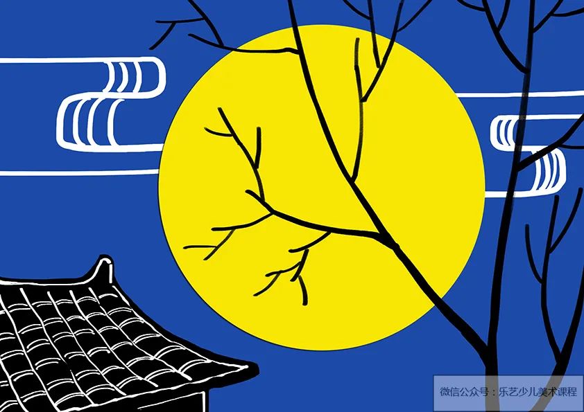 步骤3：接下来我们在画面的左下角贴一个用黑色卡纸剪成的屋顶。粘贴后，我们用修正液简单勾勒出屋顶瓦片的效果。