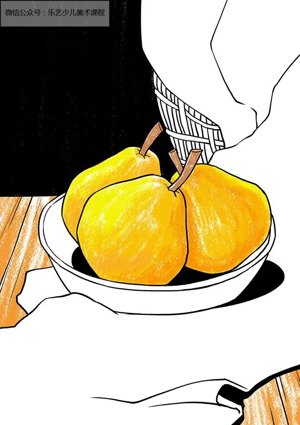 步骤3：接下来，我们用油画棒给梨上色  注意色彩的融合 并适当画出木质桌面。