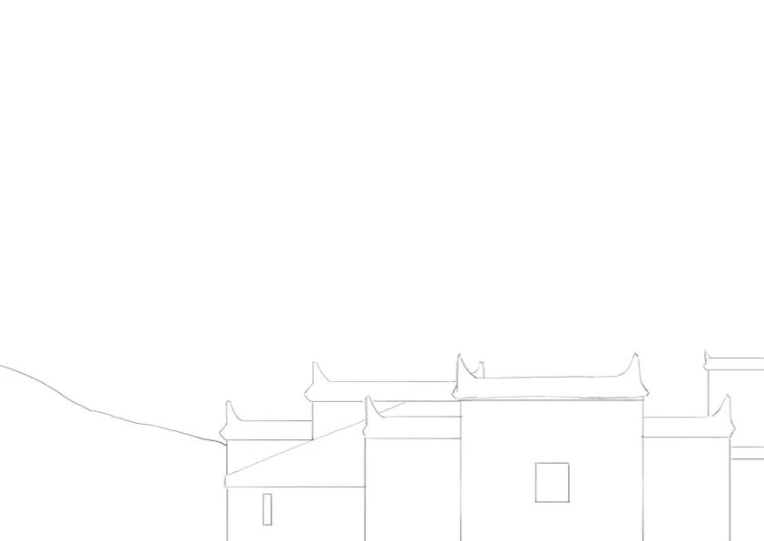 步骤1：首先我们用铅笔勾勒出建筑和山坡的草图。
