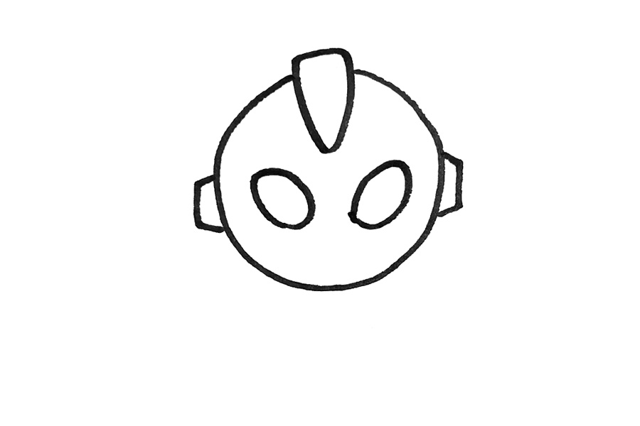 步骤3：在头部中间画出奥特曼的两只椭圆形的眼睛。