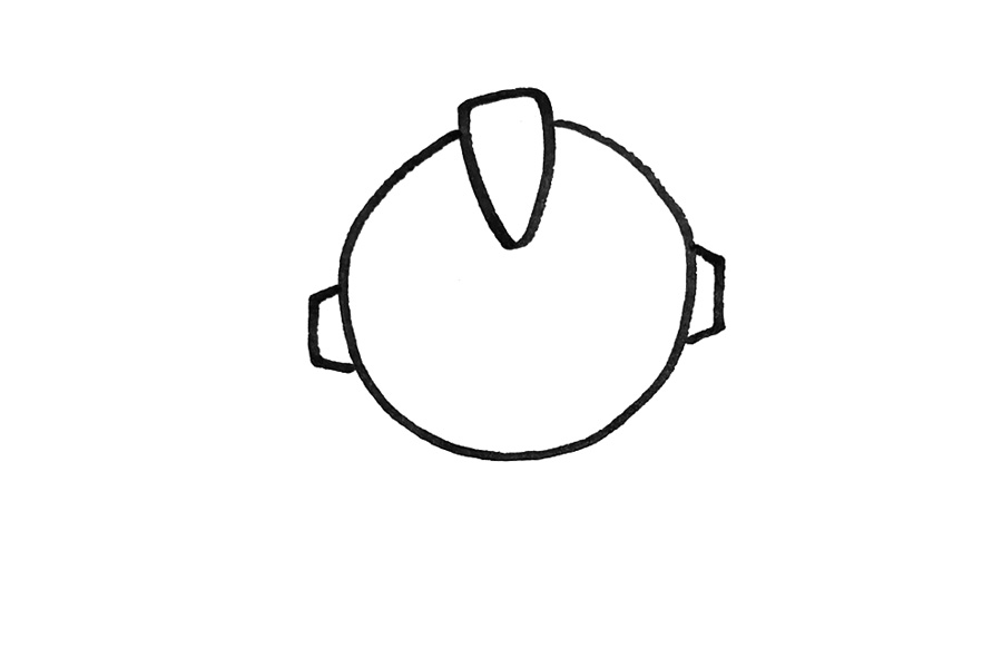 步骤2：画出一个大大的圆形作为奥特曼的头，在两侧画出梯形的耳朵。