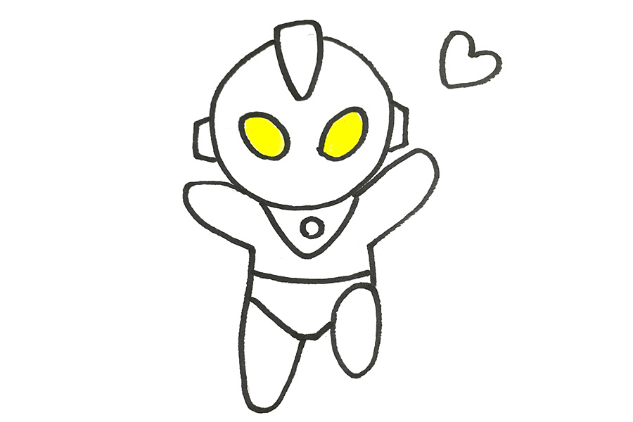 步骤7：连接腰部的三角形和右上方的爱心装饰后给眼睛涂上黄色。