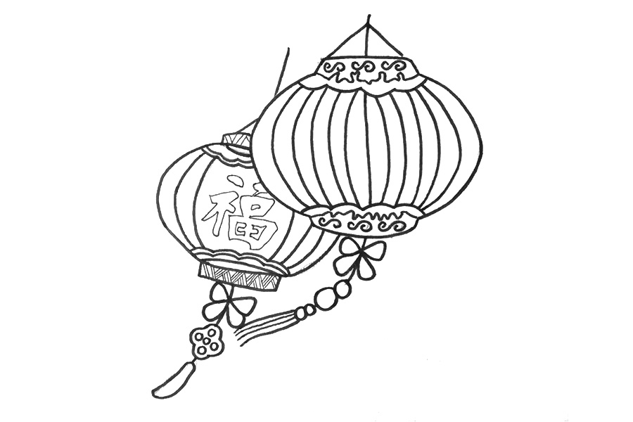 步骤7：在画好的灯笼侧后放再用相同的方法画出另一个被遮挡的灯笼。