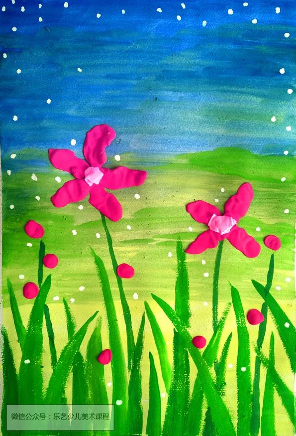 步骤5：待背景颜色干燥后，我们在画面底部用干画法画出绿色的草丛，并用彩色轻粘土做出花朵形状，粘贴到画面上，轻粘土的颜色可以做不同尝试。