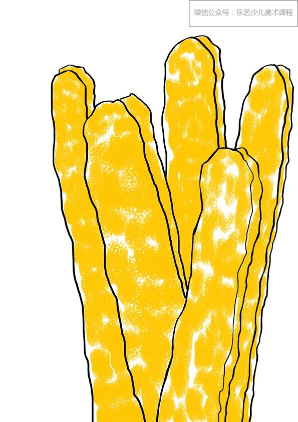 步骤2：然后，我们用黄色油画棒画出油条的底色，  可以适当留出白色缝隙。