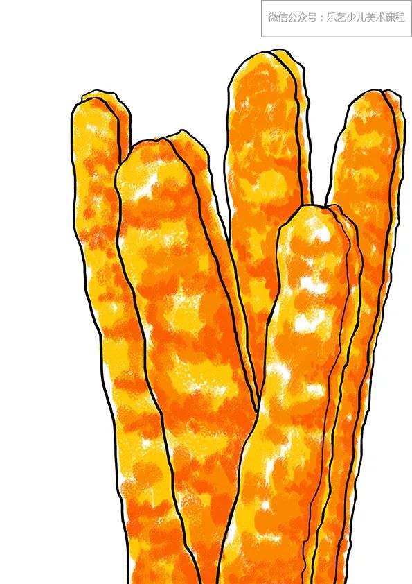 步骤3：接下来，我们用橘黄和橘红油画棒在底色  基础上丰富油条的暗面色彩  塑造出一定的体积感和质感  油条效果基本完成。