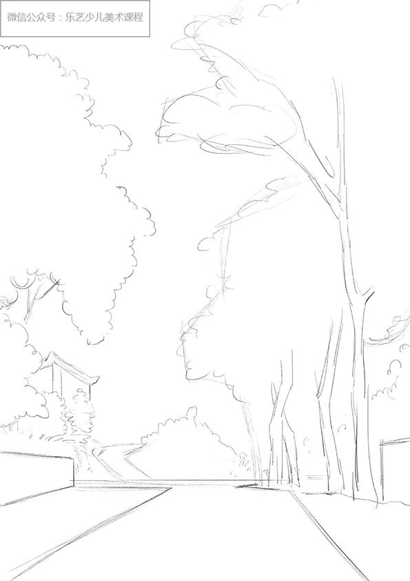 步骤1：首先我们用铅笔在素描纸上勾勒出自然风景  为接下来的纸飞机提供飞行的空间。