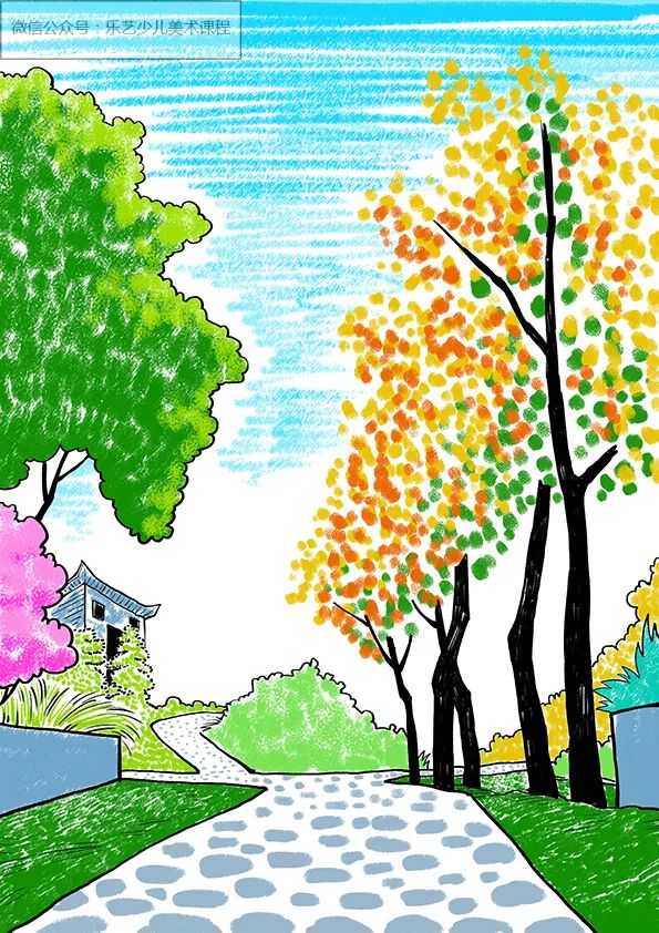 步骤4：继续上色，注意色彩的搭配和近大远小的透视规律。