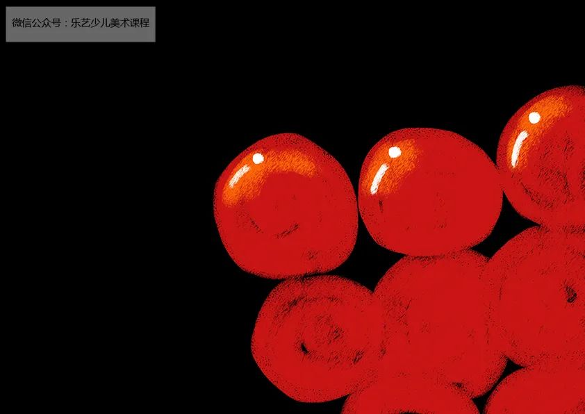 步骤1：首先我们用重彩油画棒在黑色硬卡纸上  画出几个红色的圆团 表示西红柿的基本形状  最上面的三个要增加一点体积感  点缀高光
