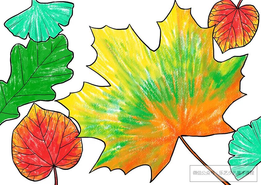 步骤3：接下来，我们用油画棒给不同的叶子涂上不同的颜色。  需要注意的是，即使是同一片叶子，我们也可以  尝试用多种色彩混合的方式来丰富颜色，  收获更好的视觉效果。