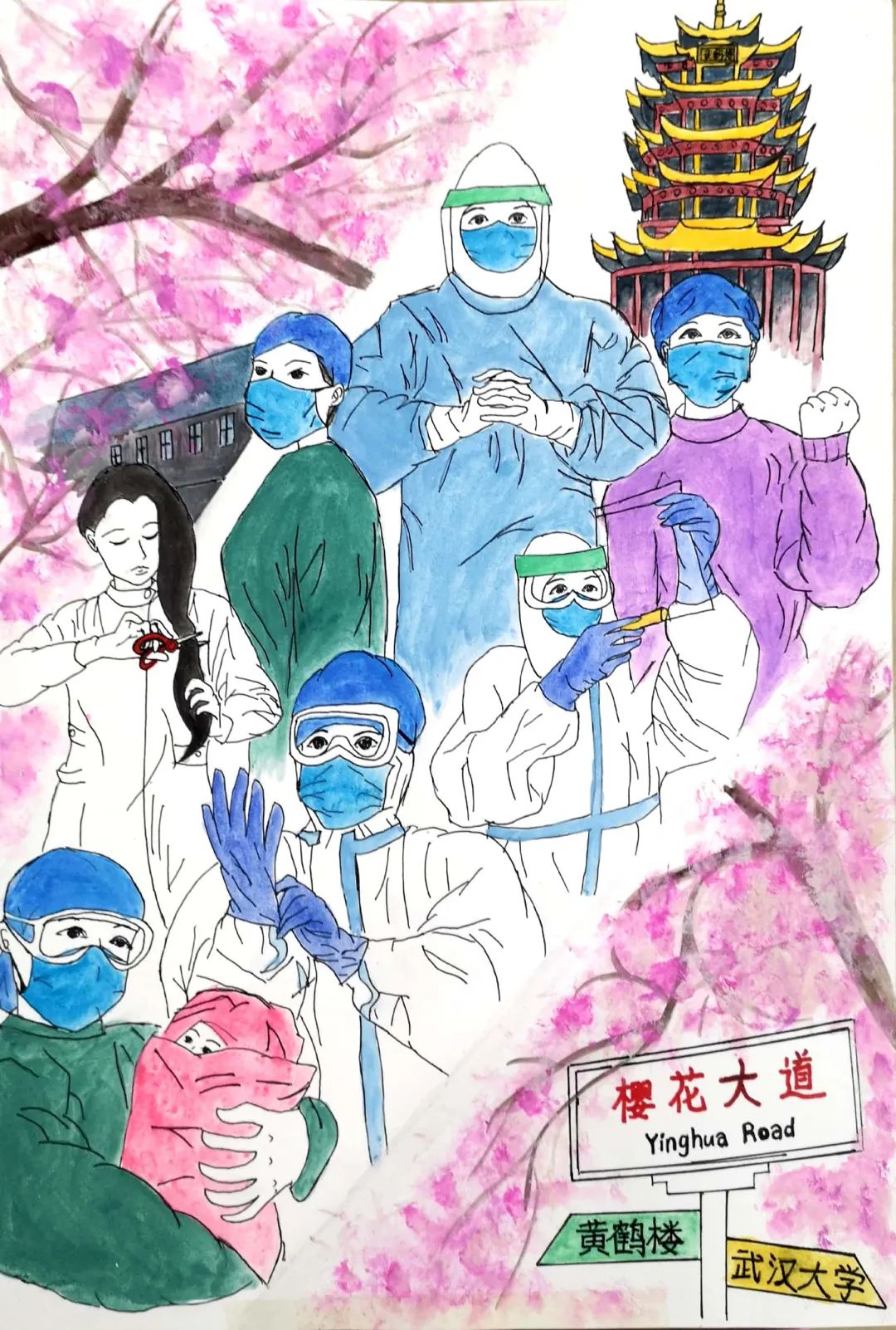 “平凡的她 不平凡的逆行者”防疫抗疫主题手绘画-图1