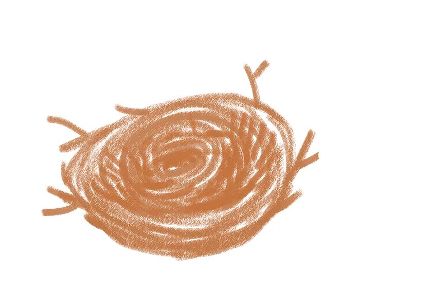 步骤1：首先我们油画棒在画纸上转圈画，心中想着鸟窝的形状，然后转圈哗啦就行，不要太拘谨。