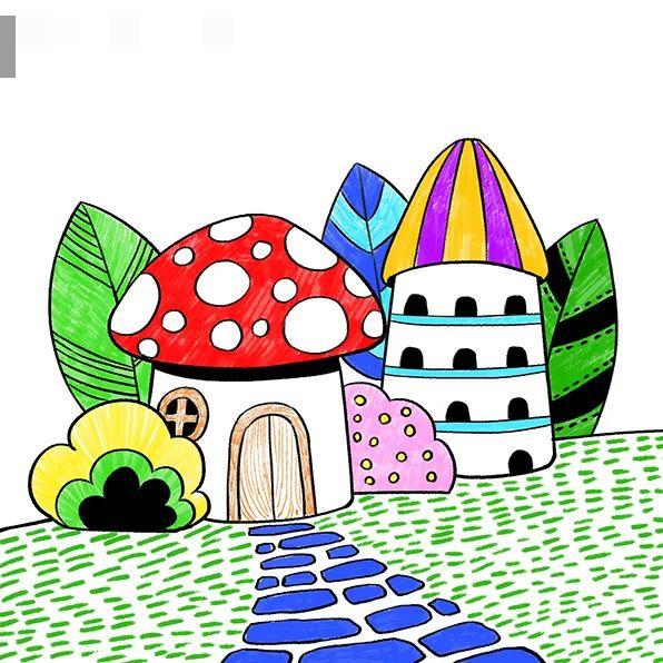 步骤3：然后用马克笔和油画棒给画面的不同部位进行上色，色彩方面可以尝试自己设计配色。