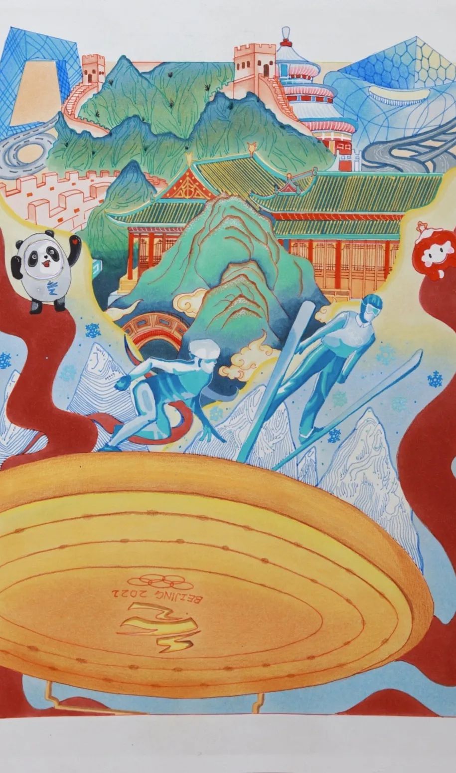 步骤3：《冰雪.梦》作品概述：金牌，是每一位运动将儿的梦想，每一位努力奋斗、追求梦想的运动员都有属于自己的金牌梦。金牌梦，充满了祖国、家乡、亲朋好友的期待与希望。带着这一份梦，勇敢地向前冲！超越自我，勇往直前！冬奥加油！中国必胜！