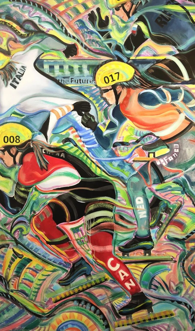 步骤4：《奔向未来》作品概述：《奔向未来》的画面塑造上采用了抽象性的元素处理，使得画面具有浓厚的装饰效果。画面以富有律动感的笔触，鲜明的色彩以及独特的油画语言反映出了奥运健儿们在赛场上厚积薄发的精神面貌和积极进取的参赛热情，勾勒出具有磅礴生命力和律动感的精神画卷。