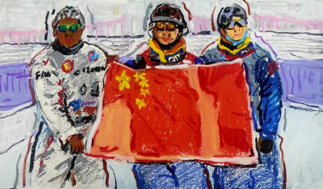 步骤6：《喜迎冬奥》作品概述：我所描绘的这两张系列作品取材都是源于冬奥健儿，其中系列一描绘的是比赛取得胜利后的荣耀时刻，系列二描绘的是全民运动，两张作品表达的都是坚持以人民为中心的价值取向，相信冬奥健儿一定会在冬奥会上取得令人瞩目的辉煌成绩！