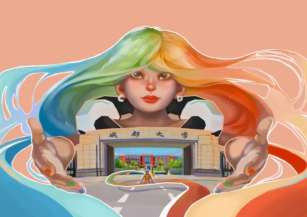 步骤1：作品名称：《相遇大运》该作品配色主要采用大运会标志（蓝，绿，黄，红）为主要配色，画面主体是一位伸出双手拥抱迎接的女孩，以及本届成都大学生运动会大运村的地点成都大学（南门），意在表明欢迎五湖四海的朋友相遇成都大学生夏季运动会.突出友谊第一，比赛第二的运动风范。画面中心有一位呈跑步预备姿势的运动员突出夏季运动会的主题。女孩的肩上趴着的是成都著名网红景点ifs熊猫，突出现代风格。女孩耳环是C D意为成都。