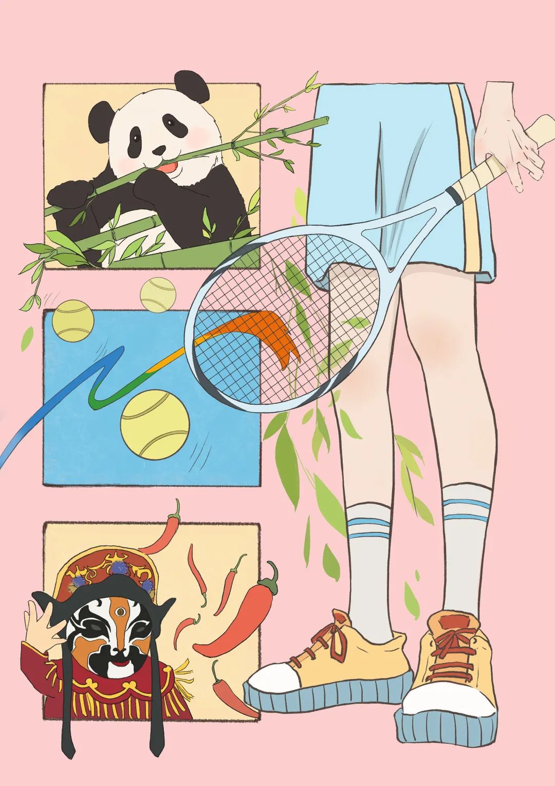 步骤3：作品名称：《蓉动大运》该作品将四川的标志性代表动物国宝大熊猫，同川剧变脸和辣椒元素相结合，身着运动短裤彰显青春感，将大运会项目之一——网球，融入画中。整体主色为蓝色，竹子的绿色和网球的鲜黄，还有辣椒红进行碰撞。粉色称底更显青春气息与可爱感。