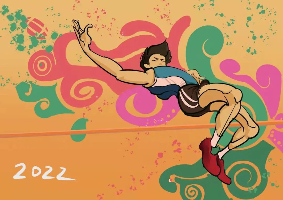 步骤4：作品名称：《运动青春》该作品内容为一位跳高运动正在进行比赛，背后有一朵绽放的花，代表青年大学生的活力，代表着对运动员们努力比赛后获奖的期望与祝愿，背景为橙色，也象征着本次31届大学生运动会的主办地成都大学。胜利希望各个国家的运动员能在赛场上赛出自我，尽自己最大能力赢得胜利。各位参赛队员能在成都这座充满幸福城市阳光的沐浴下享受比赛。