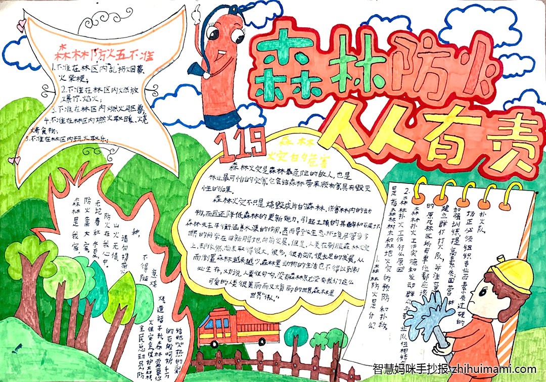 步骤3：《森林防火 人人有责》作品简介:森林火灾是森林最危险的敌人，也是林业最可怕的灾害，它会给森林带来最有害，具有毁灭性的后果。森林火灾不只是烧毁成片的森林，伤害林内的动物，而且还降低森林的更新能力，引起土壤的贫瘠和破坏森林涵养水源的作用，甚而导致生态环境失去平衡。