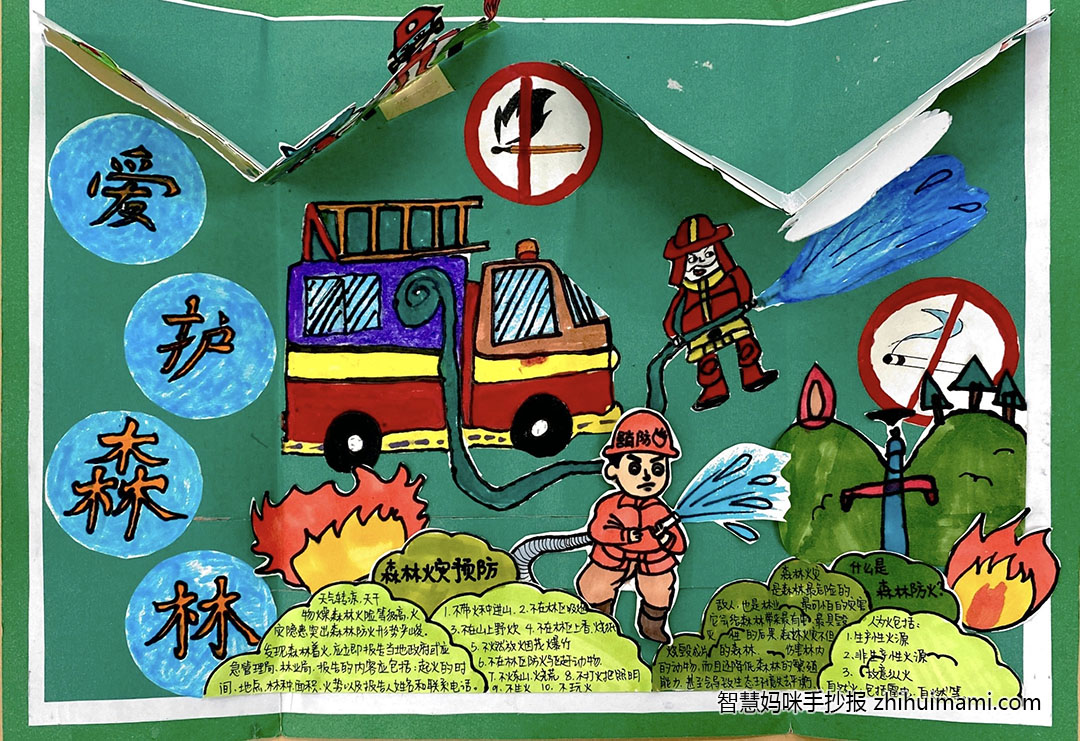 步骤7：《爱护森林》作品简介:该幅手抄报以立体的形式呈现了消防员在森林灭火的场景，通过趣味性的表现去呼吁大家爱护森林，人人有责。对于保护生态建设成果,维护生态安全和社会稳定,促进生态文明建设,意义重大。