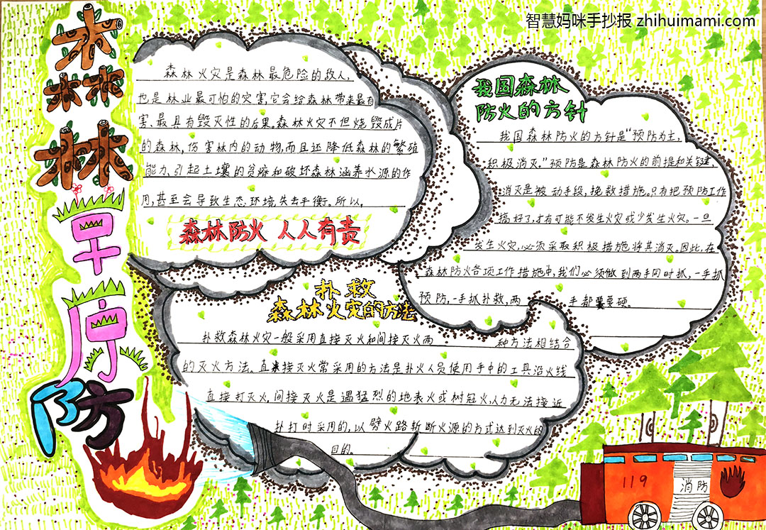 步骤10：《森林草原防火》作品简介:以森林草原为元素，用绿色的点成面做整体背景，突出主题的内容，写主题内容的边框是灭火时产生的浓烟，贴近和突出主题。