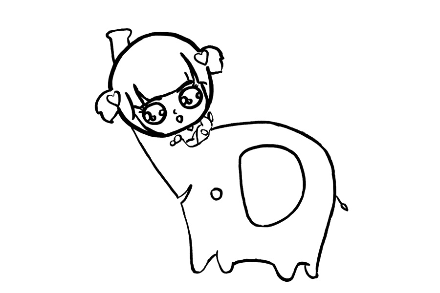 步骤6：画出大象的轮廓，长长的鼻子，大大的身体和耳朵。