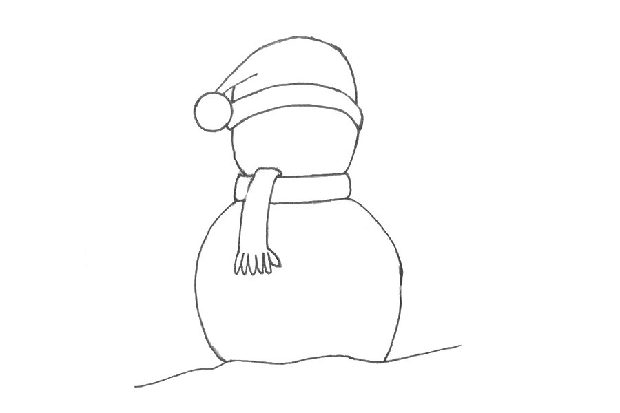 步骤6：画出雪人大大的身体，像一个圆形，并在最下放画出雪地的弧线。