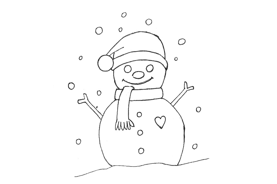 步骤10：装饰背景，在空中画出大小不一的雪花，并给雪人画颗小爱心。